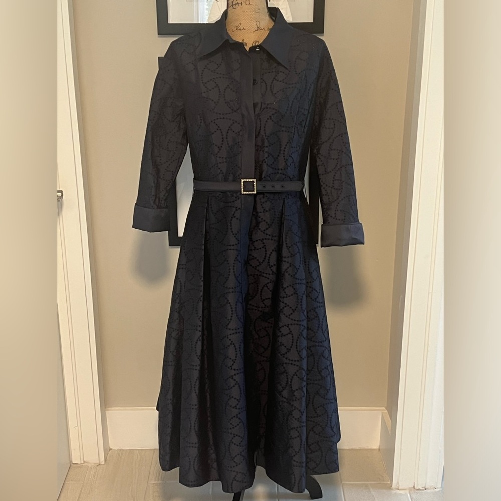 Rickie Freeman for Teri Jon Midnight Blue Patterned Midi Dress